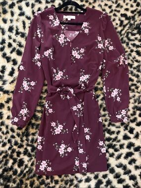LOFT Burgundy Floral Long-Sleeve Tie-Waist Dress